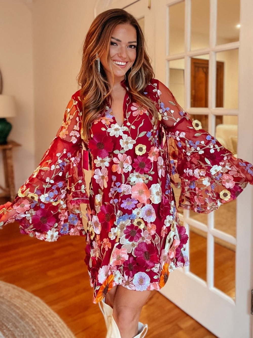 Buddy Love Gayle Wide Sleeve Mini Dress Applique Embroidered Flowers Solstice S - Picture 4 of 10